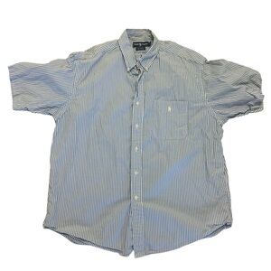 Ralph Lauren Shirt Adult L Big Blue Striped Button Up short Sleeve Casual Mens.